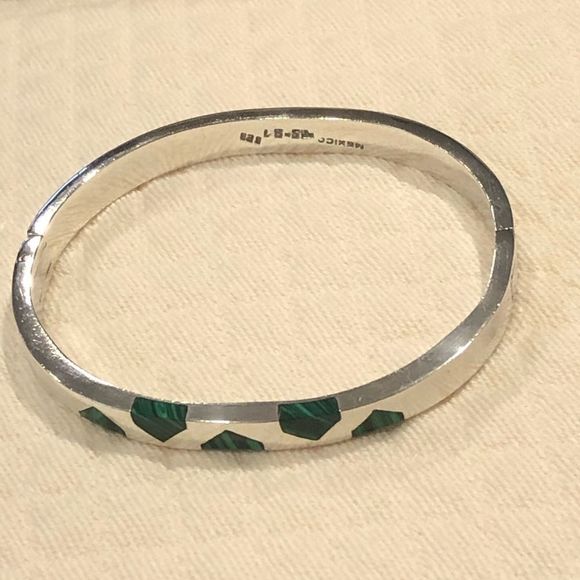Vintage TAXCO Malachite Sterling Silver Hinged Bangle - Picture 11 of 13